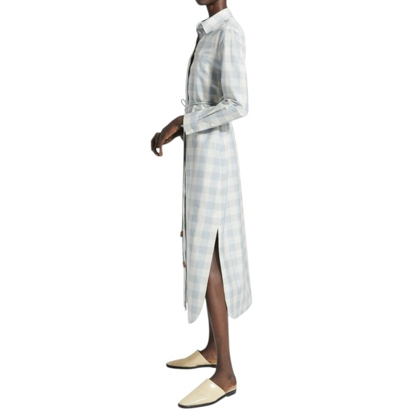 Theory Women’s Size S P Blue White Fuji Check Belted Midi Slit Side Shirtdress - Picture 2 of 15